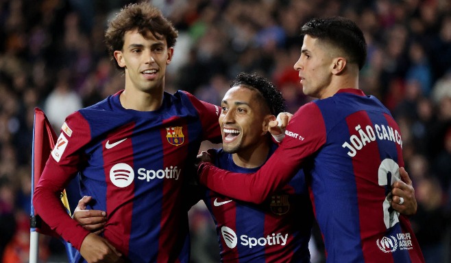 20240330, Barcelonas Joao Felix, Joao Cancelo och Raphinha firar mål mot Las Palmas
